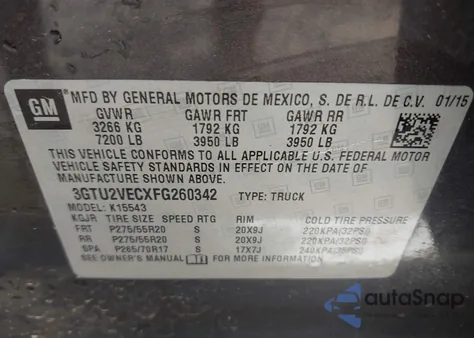 2015 GMC Sierra 1500 Slt из США, поврежденный, VIN 3GTU2VECXFG260342